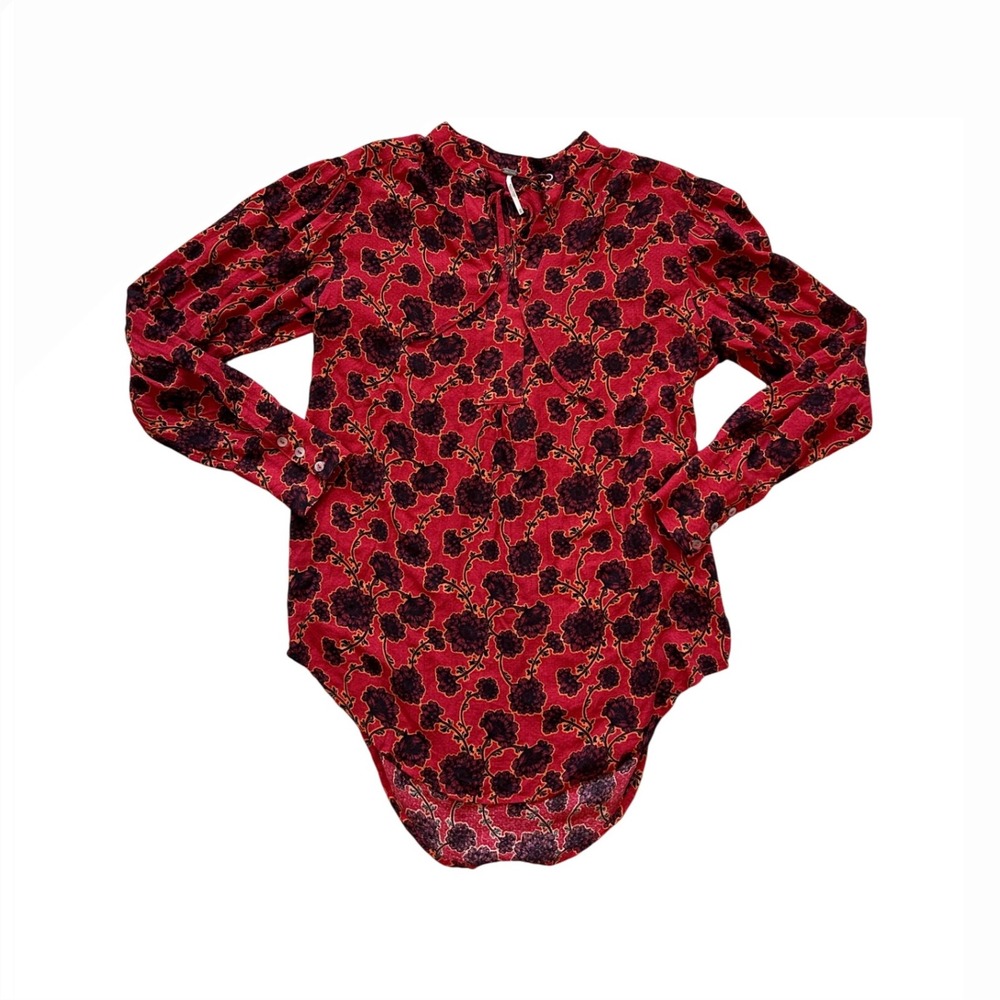 Free People Mia Tunic Red floral longsleeve tie front blouse XS - Picture 2 of 6